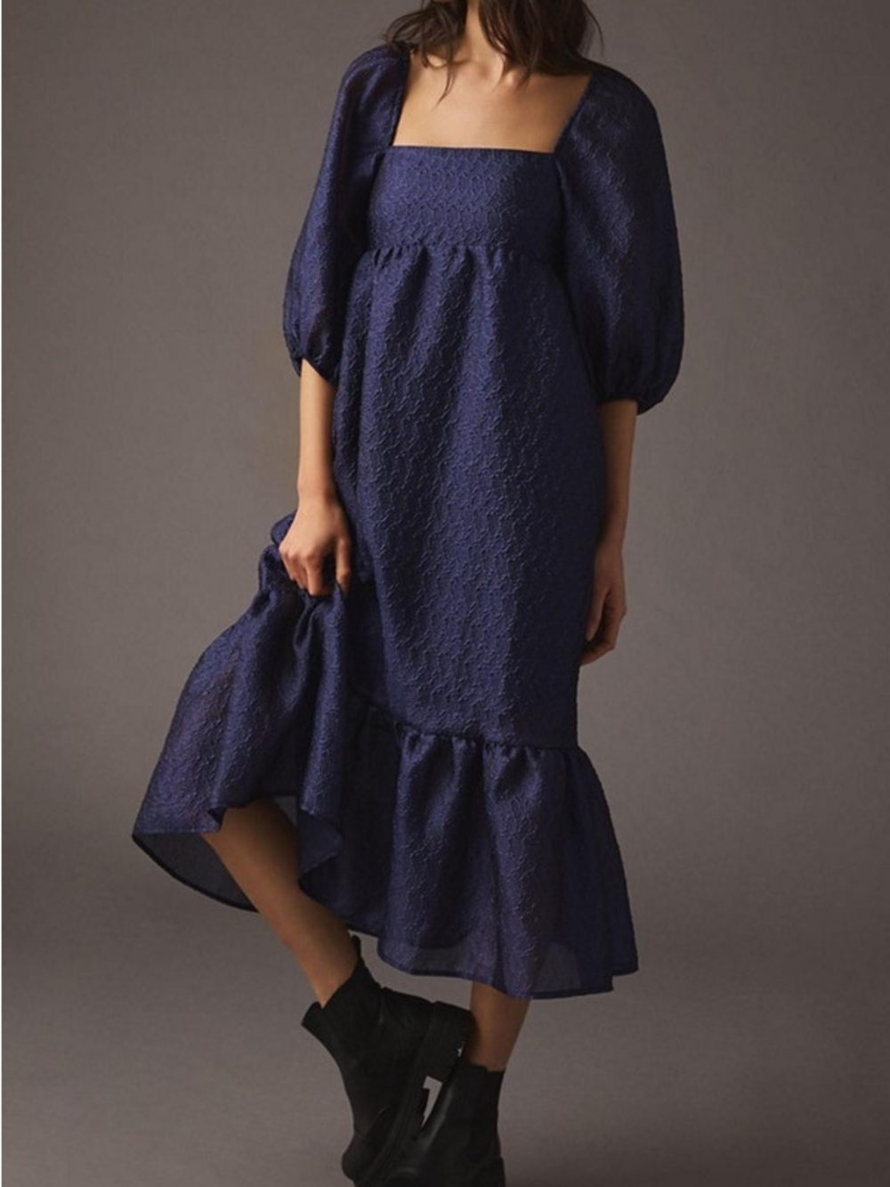 Anthropologie Navy Square-Neck Puff-Sleeve Midi Dress